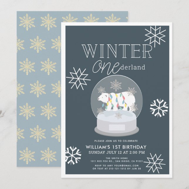 Winter Onederland Polar Bear Navy 1st Birthday Invitation (Front/Back)
