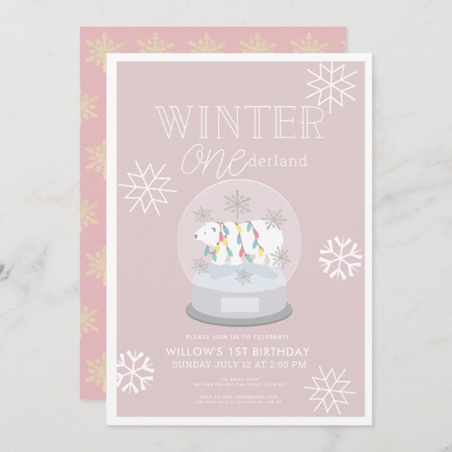 Winter Onederland Polar Bear Pink 1st Birthday Invitation (Front/Back)