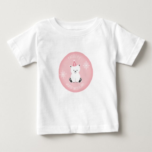 Winter Onederland Polar Bear Pink First Birthday Baby T-Shirt (Front)