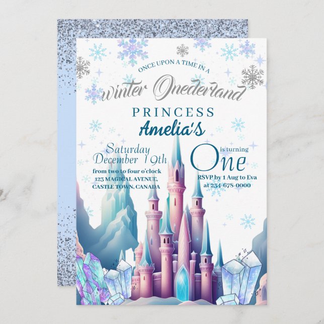 Winter Onederland Princess 1st Birthday Party Invitation (Front/Back)