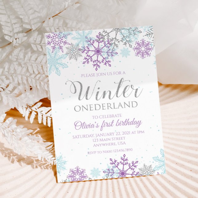 Winter Onederland Purple and Silver Snowflake Invitation (Creator Uploaded)