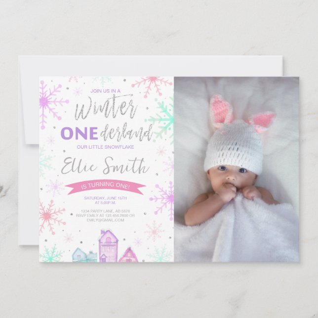 Winter Onederland Purple, Blue and Pink Photo Invitation (Front)