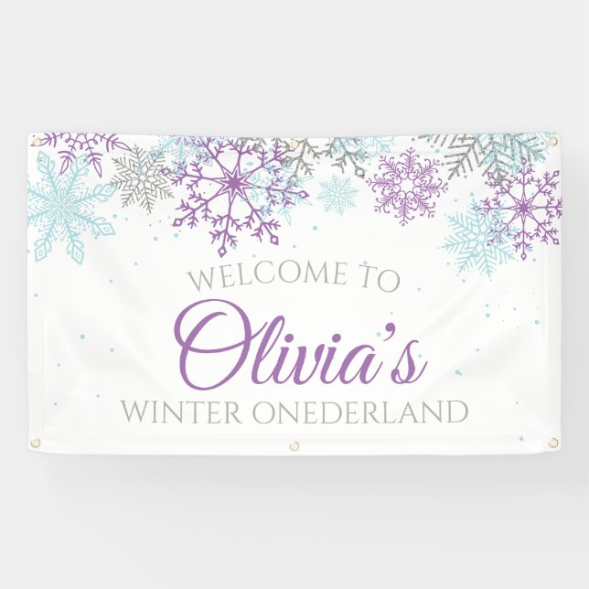 Winter Onederland Purple Blue Snowflakes Banner (Horizontal)