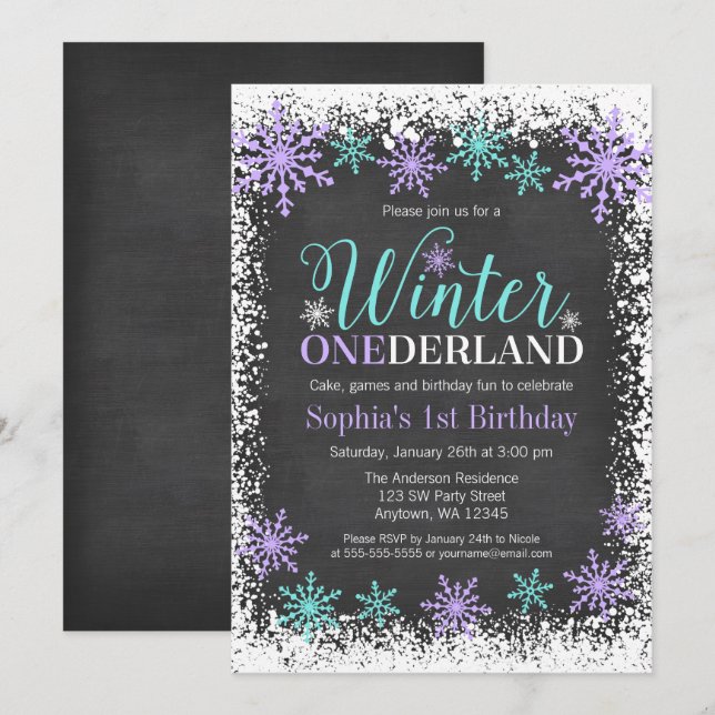 Winter ONEderland Purple Chalkboard 1st Birthday Invitation (Front/Back)