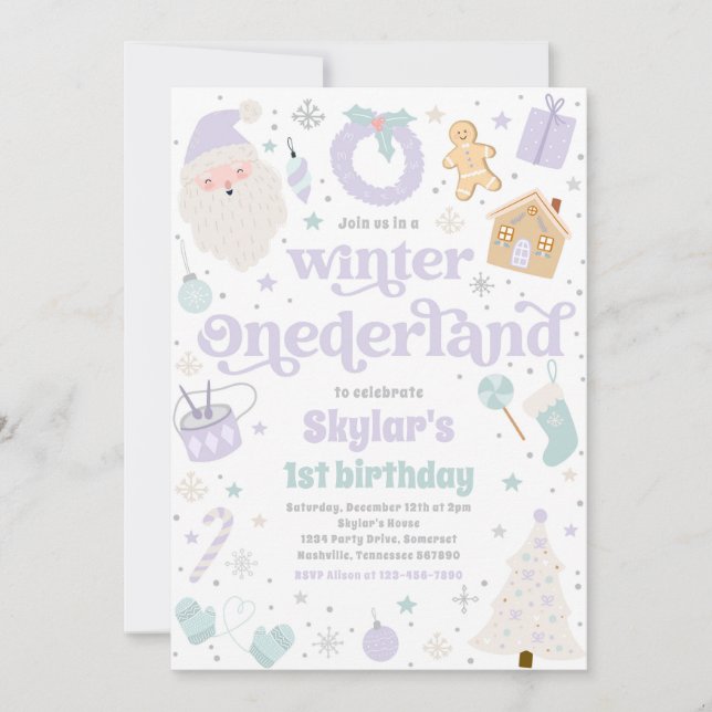Winter ONEderland Purple Christmas Birthday Party Invitation (Front)