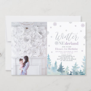 Winter Onederland Purple Girl 1st Birthday Photo Invitation