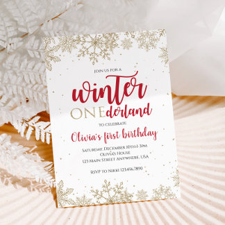 Winter Onederland Red 1st Birthday Gold Snowflakes Invitation