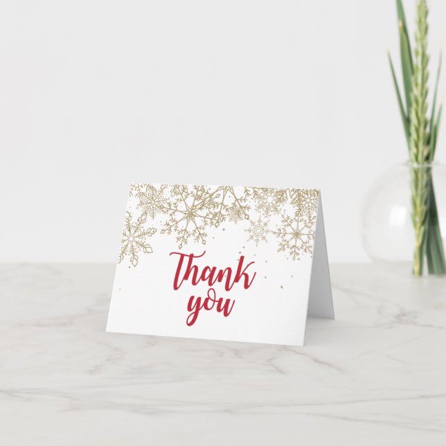 Winter ONEderland Red and gold glitter snowflakes Thank You Card (Front)