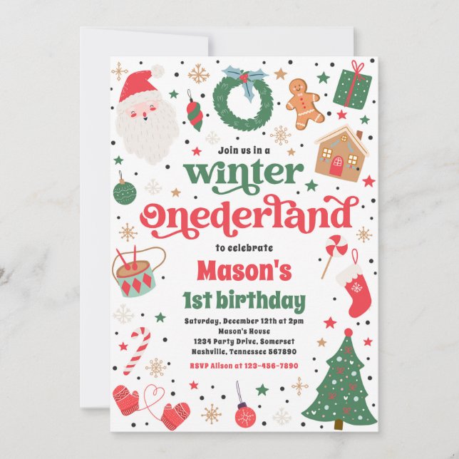Winter ONEderland Red Christmas Birthday Party Invitation (Front)