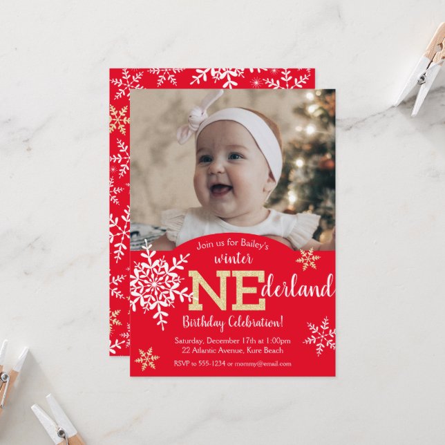 Winter ONEderland Red Gold Glitter 1st Birthday Invitation (Front/Back In Situ)