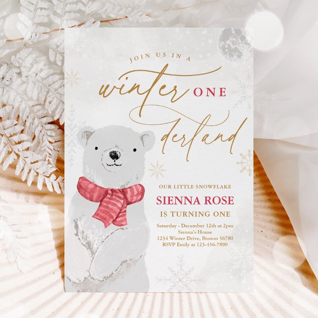 Winter Onederland Red Polar Bear Birthday Invitation (Creator Uploaded)