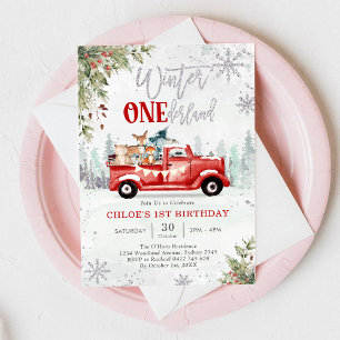 Winter ONEderland Red Truck 1st Birthday Invitation