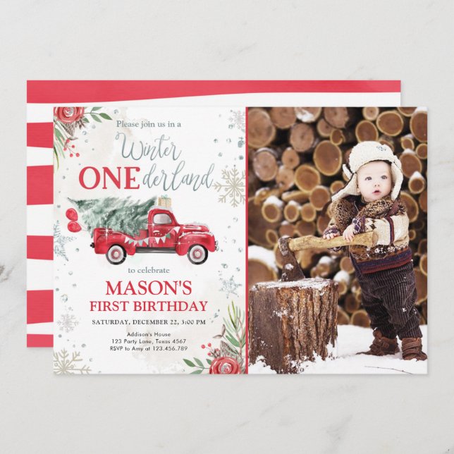 Winter Onederland Red Truck Boy First Birthday Invitation (Front/Back)