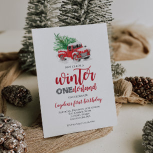 Winter Onederland Red Truck First Birthday Invitation
