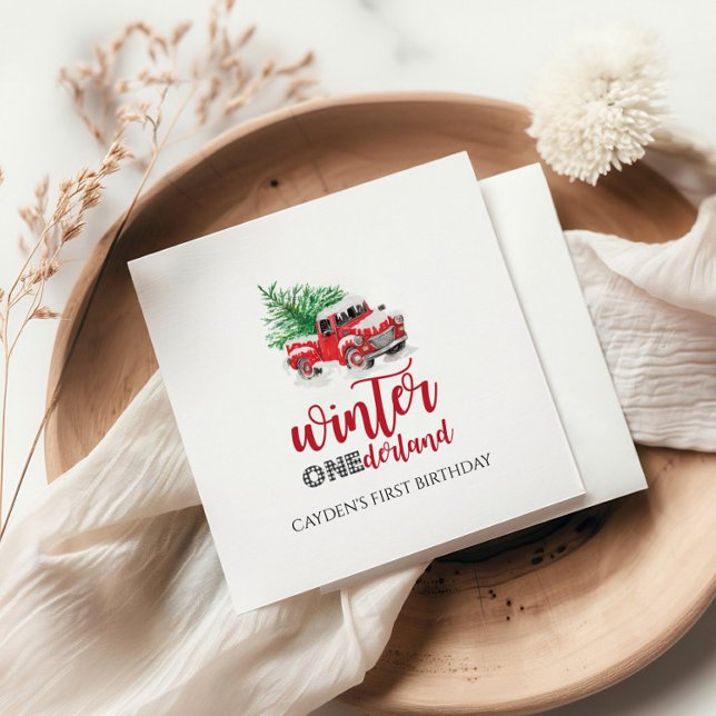 Winter Onederland Red Truck First Birthday Napkin (Creator Uploaded)