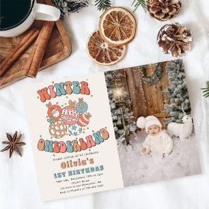 Winter ONEderland Retro Christmas Birthday Photo Invitation