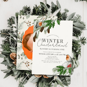 Winter Onederland Robins & Snow Photo 1st Birthday Invitation