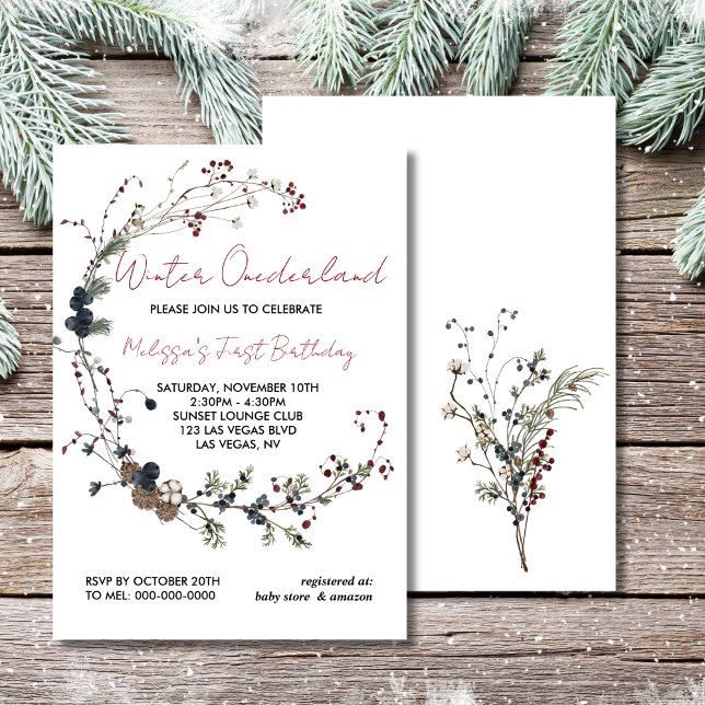 Winter onederland rustic berry boho first birthday invitation (Creator Uploaded)