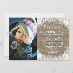 Winter Onederland Rustic Boy 1st Birthday Photo Invitation
