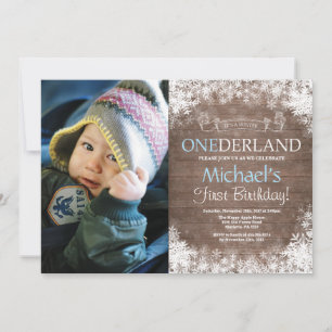 Winter Onederland Rustic Boy 1st Birthday Photo Invitation
