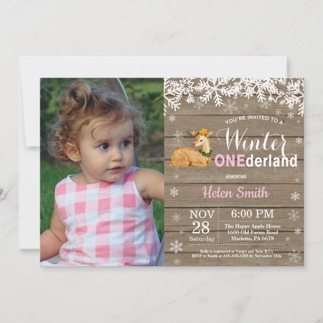 Winter Onederland Rustic Deer Girl 1st Birthday Invitation (Front)