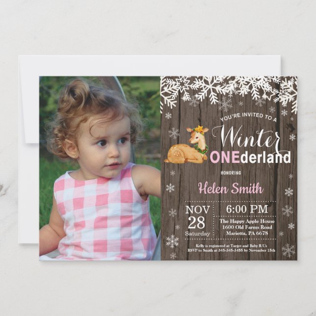 Winter Onederland Rustic Deer Girl 1st Birthday Invitation (Front)