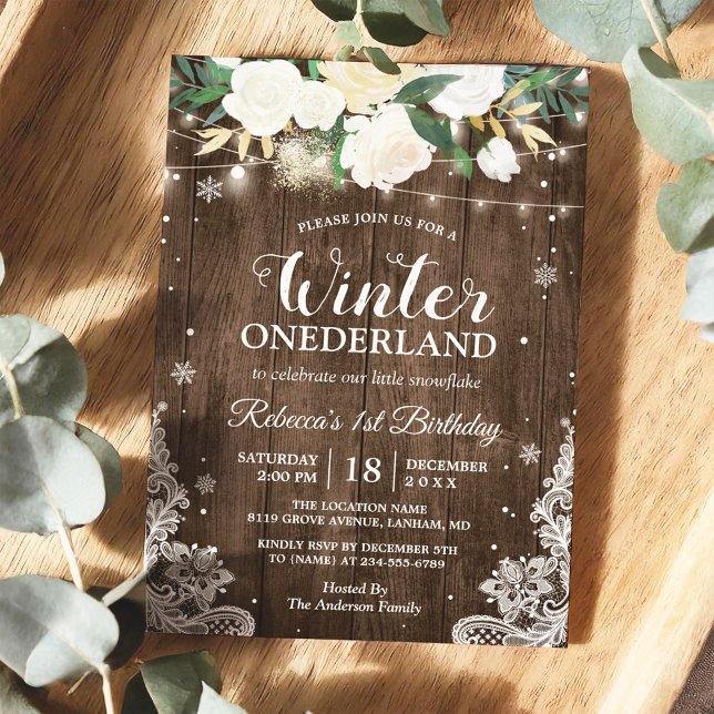 Winter ONEderland Rustic Floral Baby 1st Birthday Invitation (Creator Uploaded)