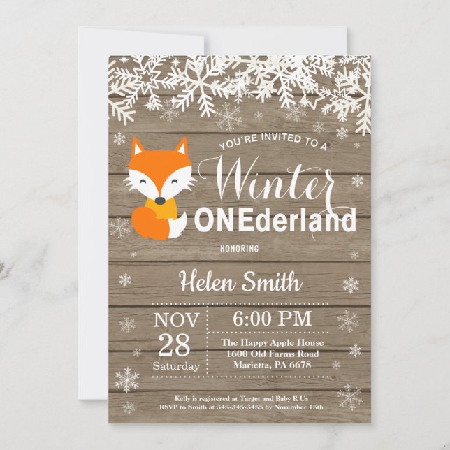 Winter Onederland Rustic Fox 1st Birthday Invitation (Front)