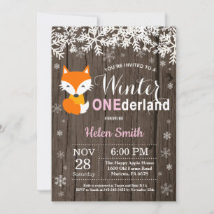 Winter Onederland Rustic Fox Girl 1st Birthday Invitation