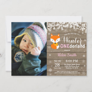 Winter Onederland Rustic Fox Girl 1st Birthday Invitation
