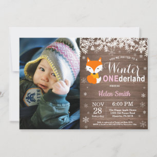 Winter Onederland Rustic Fox Girl 1st Birthday Invitation