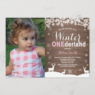 Winter Onederland Rustic Girl 1st Birthday Photo Invitation