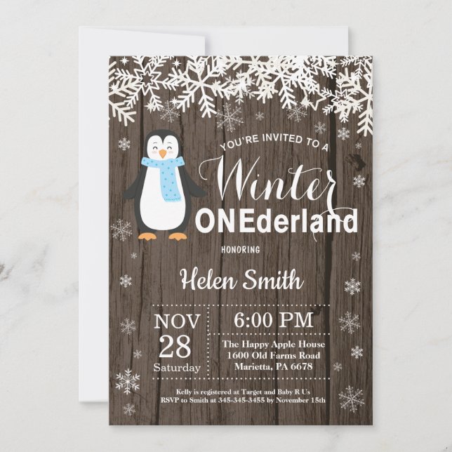 Winter Onederland Rustic Penguin Boy 1st Birthday Invitation (Front)