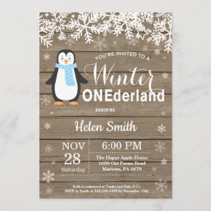 Winter Onederland Rustic Penguin Boy 1st Birthday Invitation