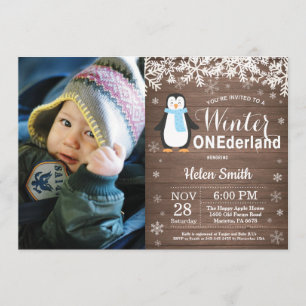 Winter Onederland Rustic Penguin Boy 1st Birthday Invitation