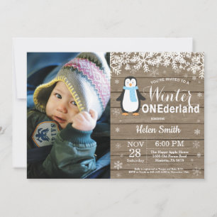 Winter Onederland Rustic Penguin Boy 1st Birthday Invitation