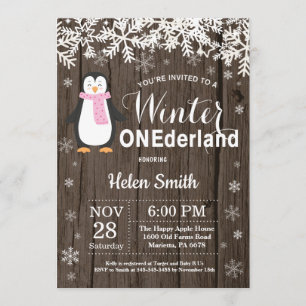 Winter Onederland Rustic Penguin Girl 1st Birthday Invitation