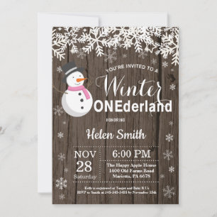 Winter Onederland Rustic Snowman Girl 1st Birthday Invitation