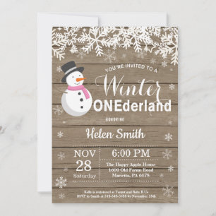 Winter Onederland Rustic Snowman Girl 1st Birthday Invitation