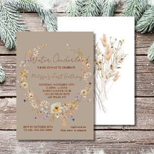 Winter onederland rustic wildflower first birthday invitation