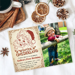 Winter Onederland Santa Retro Christmas Photo Invitation