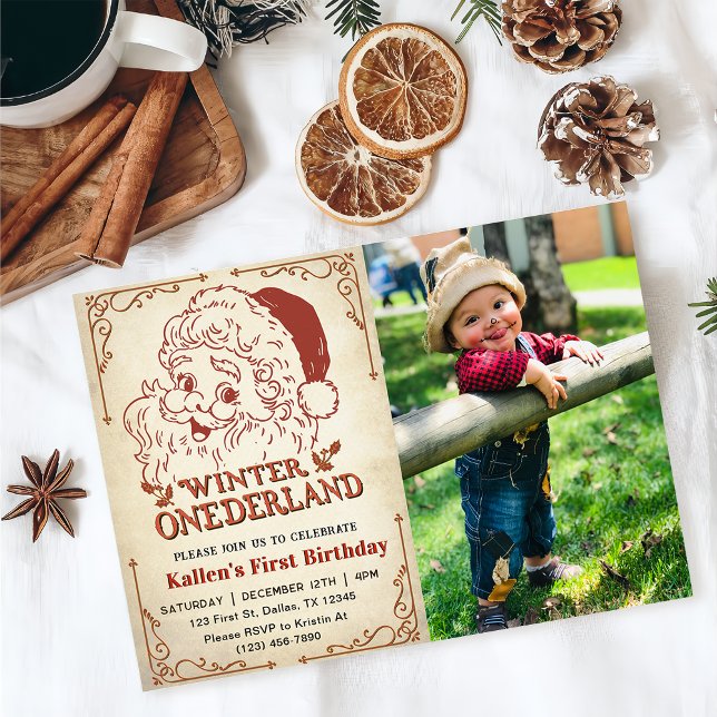 Winter Onederland Santa Retro Christmas Photo Invitation (Creator Uploaded)
