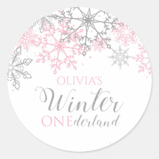 Winter Onederland Silver and Pink Snowflake Classic Round Sticker