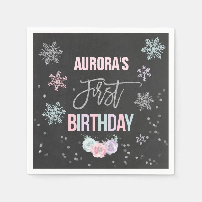 Winter ONEderland Silver Birthday Party Napkin (Front)