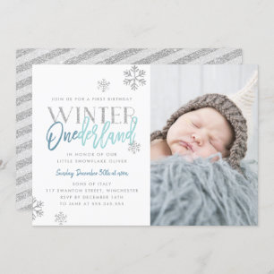 Winter ONEderland Silver Blue 1st Birthday Photo Invitation