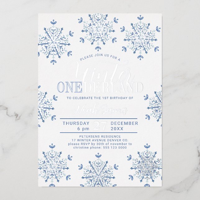 Winter Onederland silver blue boy first birthday (Front)