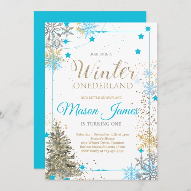 WINTER ONEderland Silver Blue & Gold 1st Birthday  Invitation (Front/Back)