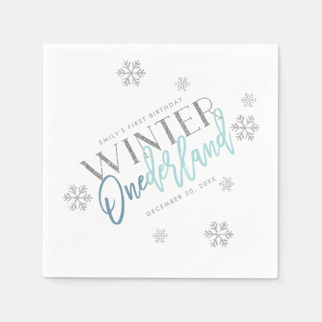 Winter ONEderland Silver Glitter Blue 1st Birthday Napkin (Front)