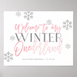 Winter ONEderland Silver Glitter Pink Welcome Sign