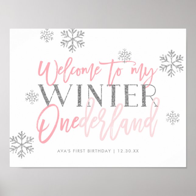 Winter ONEderland Silver Glitter Pink Welcome Sign (Front)